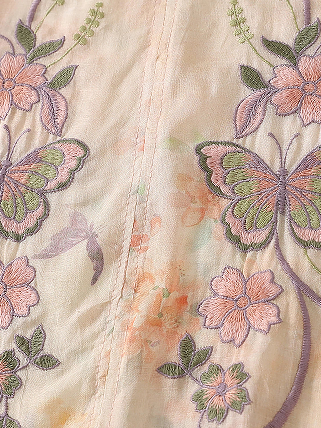 Linen-Look Mandarin Collar Top with Butterfly Embroidery