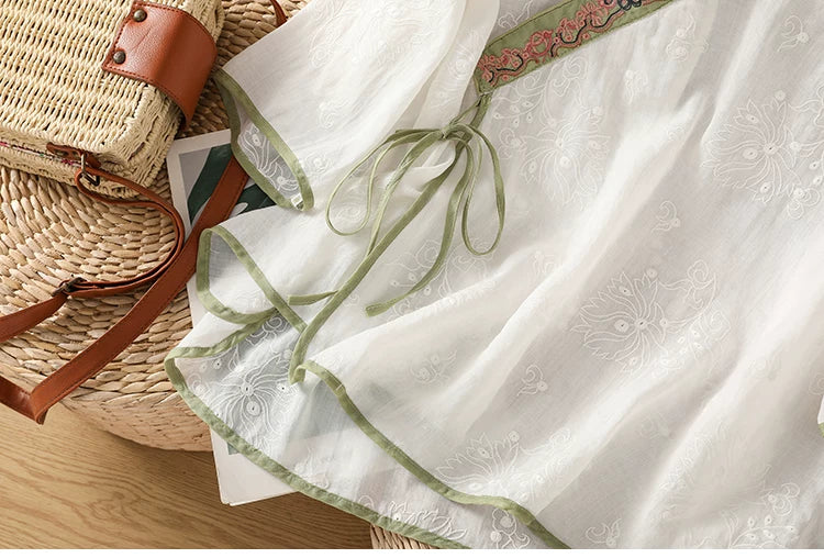 Embroidered Trim Three Quarter Sleeve Shirt