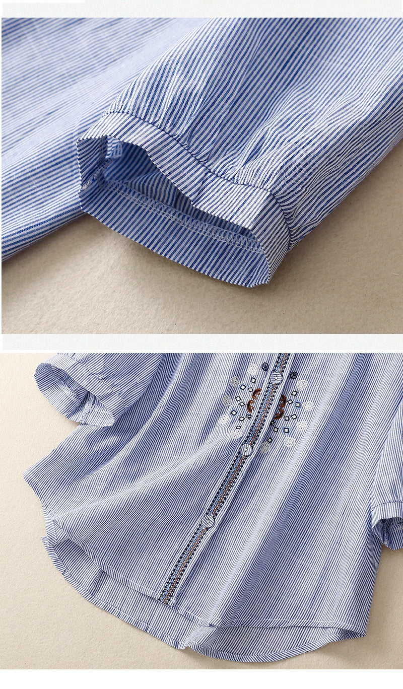 Embroidered Three Quarter Sleeve Shirt, Cotton Linen