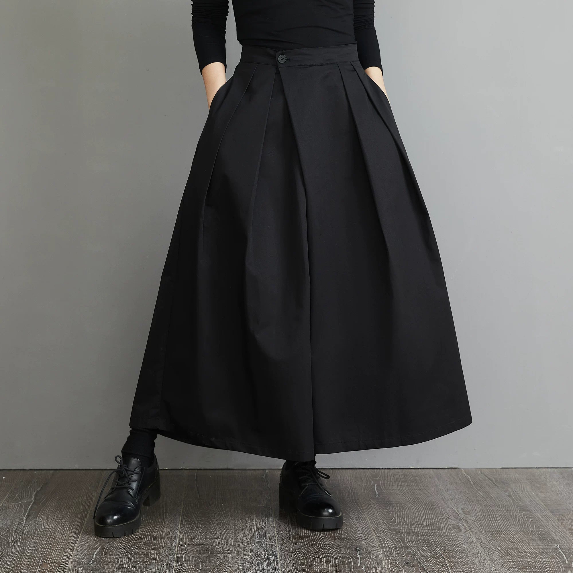 Black Wide-Leg Pants with Front Overlap & Textured Woven Fabric