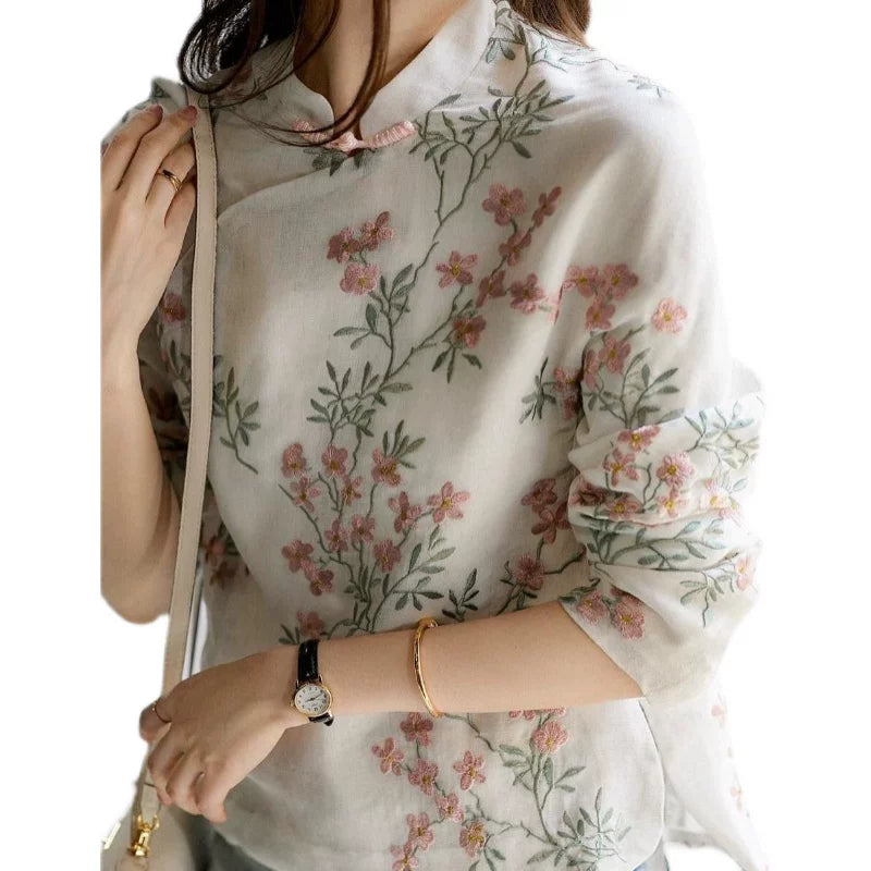 Off-White Floral Embroidered Linen-Look Top