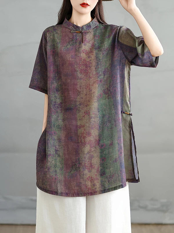 Vintage Print Linen Short Sleeve Shirt for Women - Summer Loose Fit with Slanted Lapel and Button Closure