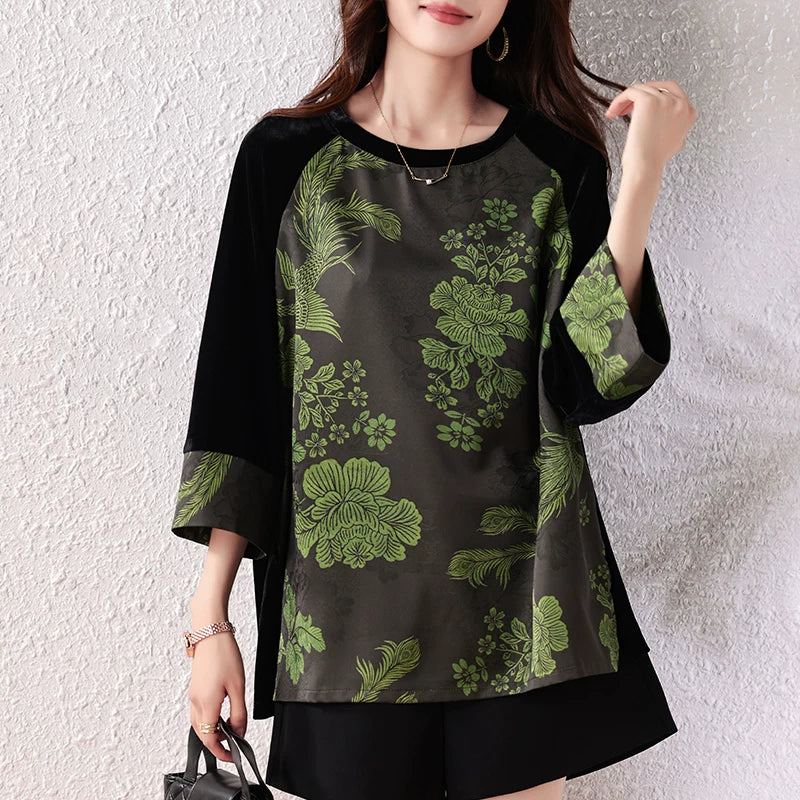 Jacquard Top with Velvet-Sleeve Contrast