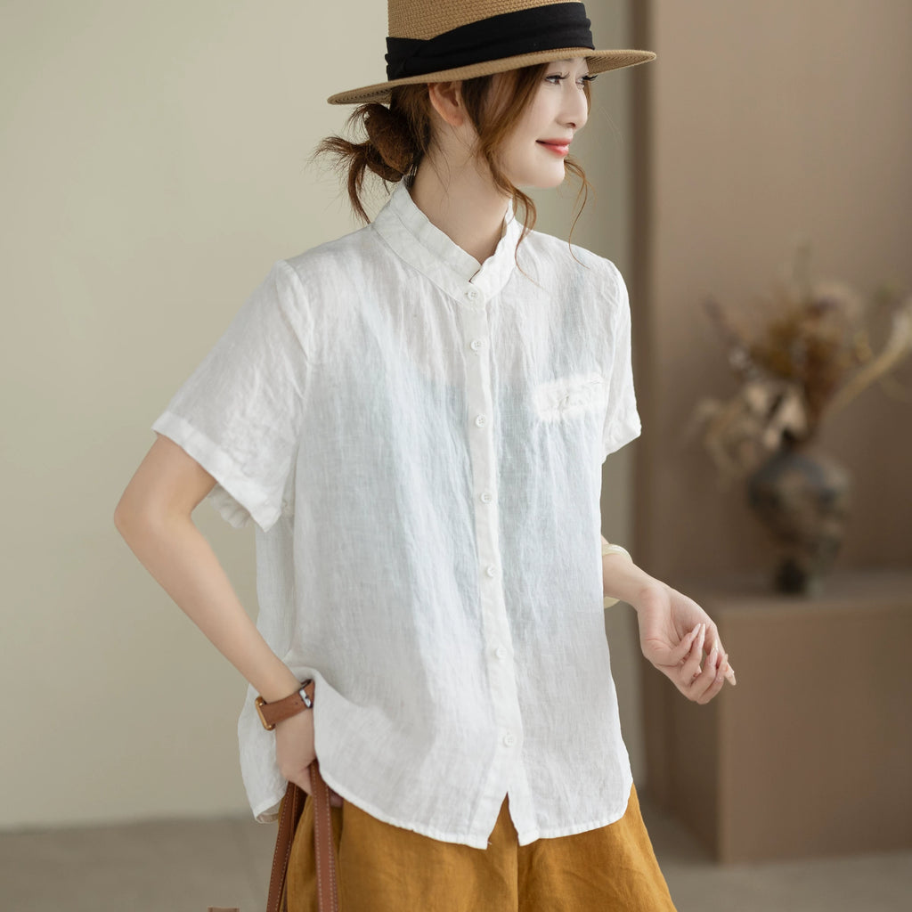 100% Linen Button-Front Top with Small Stand Collar