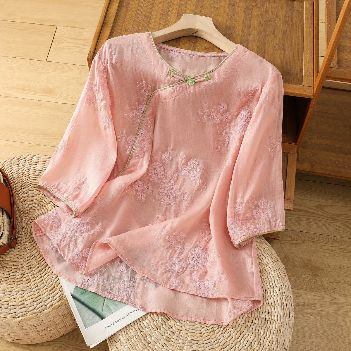 Embroidered Cotton Linen Three Quarter Sleeve Shirt