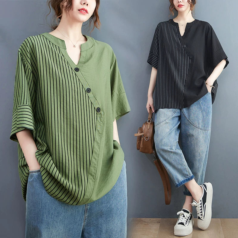 Asymmetrical Striped-Solid Panel Top in Cotton-Linen Blend