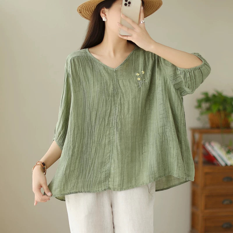 Linen-Look V-Neck Top with Floral Embroidery