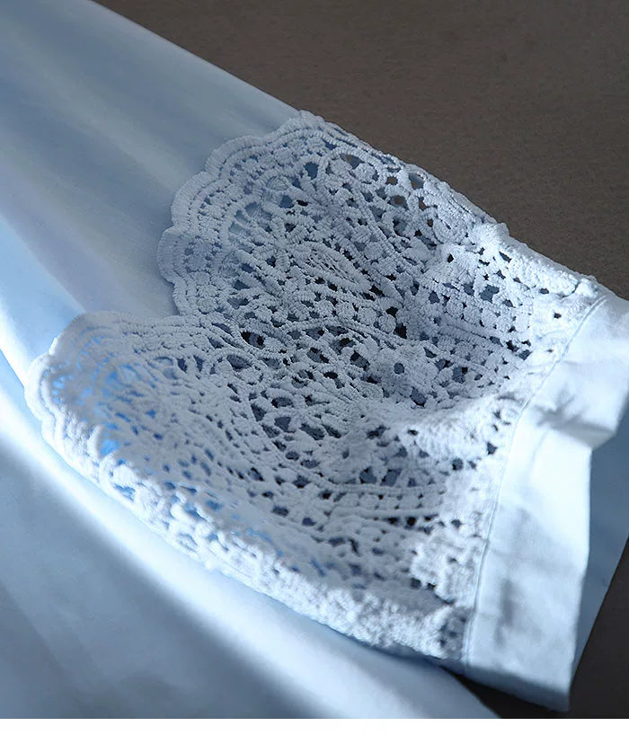 100% Cotton Blouse with Floral Embroidery & Lace Cuffs