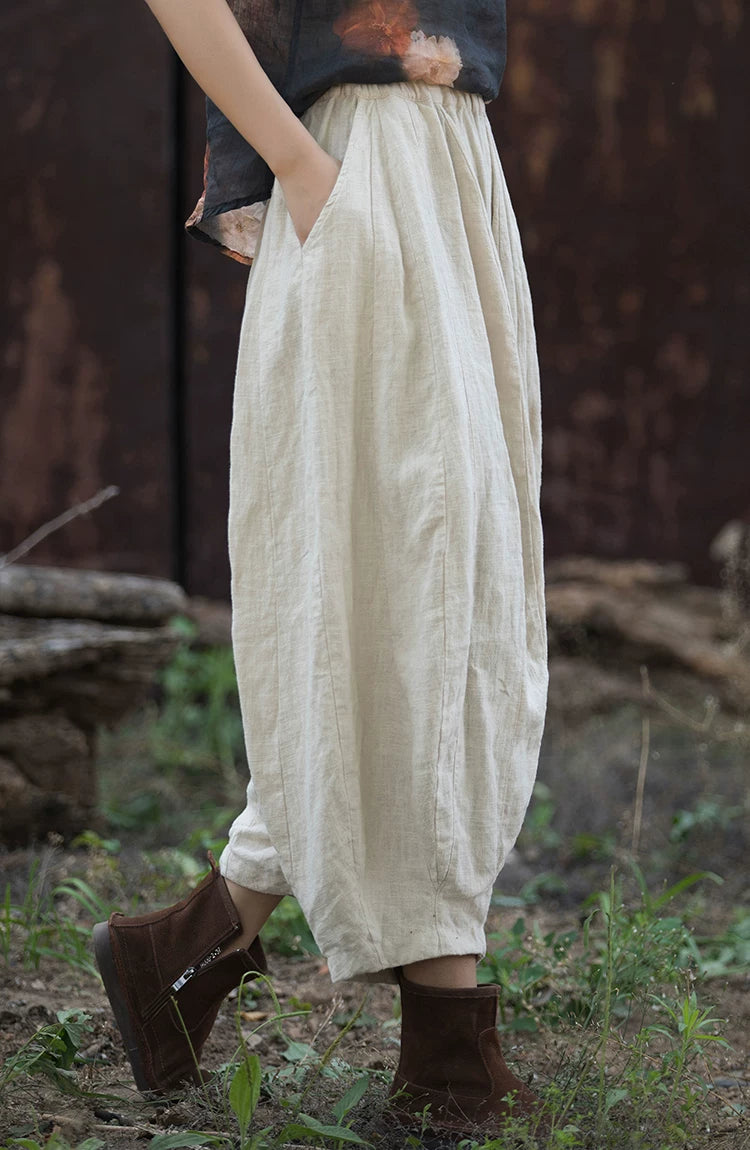 Balloon-Leg Pants in Linen-Look Textured Fabric