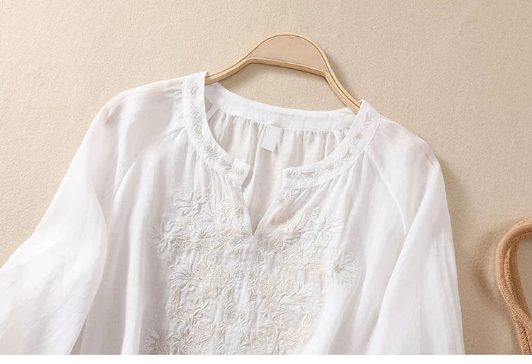 Embroidered Three Quarter Sleeve Blouse, Cotton Linen