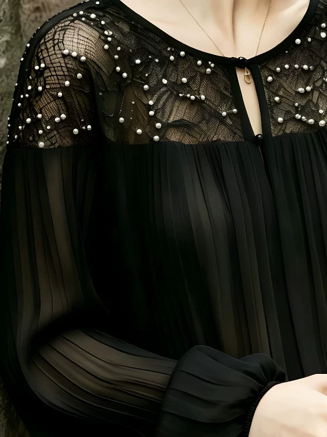 Black Lace-Overlay Top with Pearl-Beaded Yoke