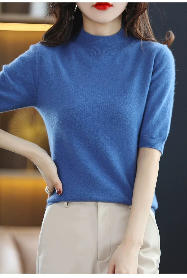 Relaxed Knit Top with Small Stand Collar & Elbow Sleeves