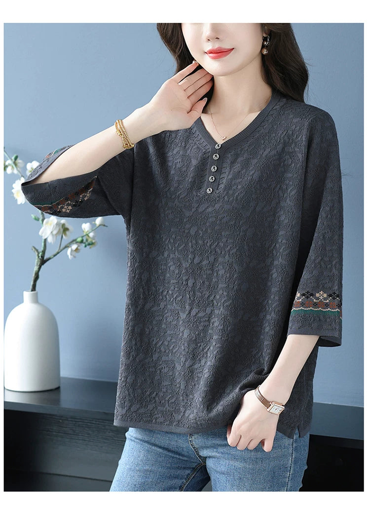 Textured Woven Blouse with Embroidered Cuffs