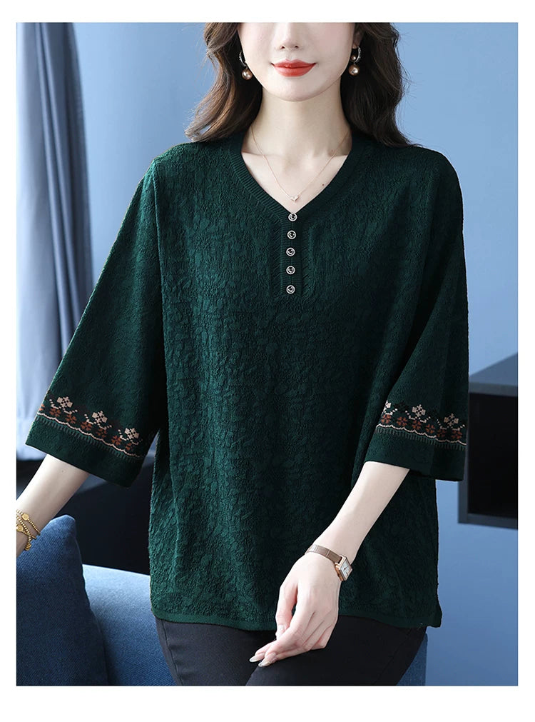 Textured Woven Blouse with Embroidered Cuffs