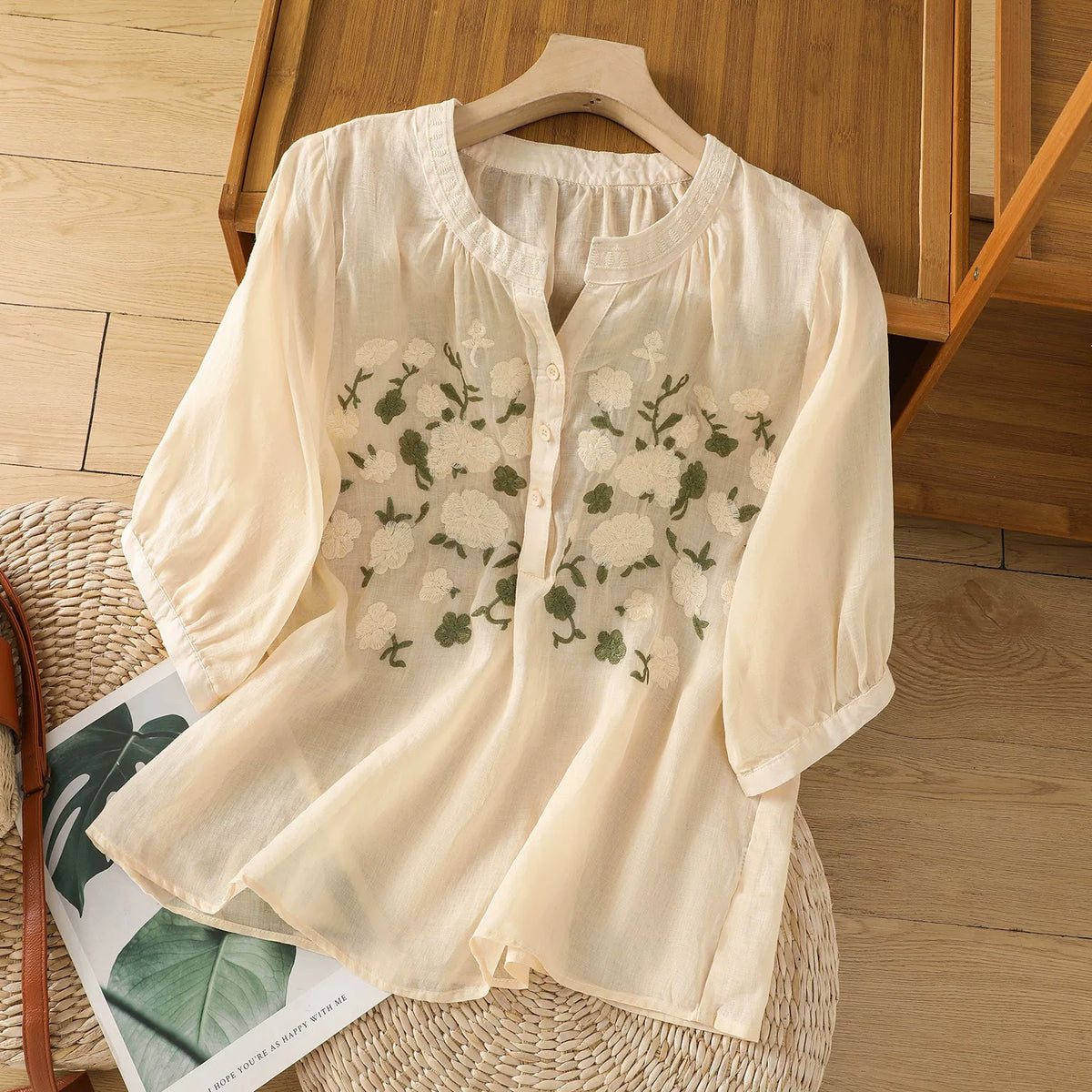 Embroidered Three Quarter Sleeve Cotton Linen Shirt