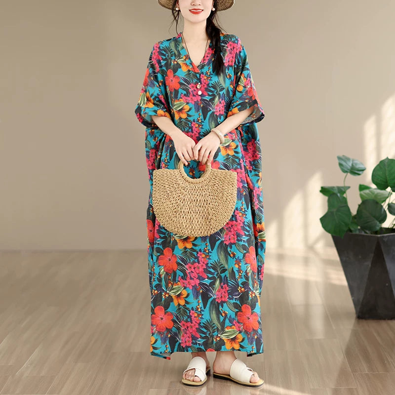 Floral Tie-Dye V-Neck Maxi Dress - Relaxed Fit