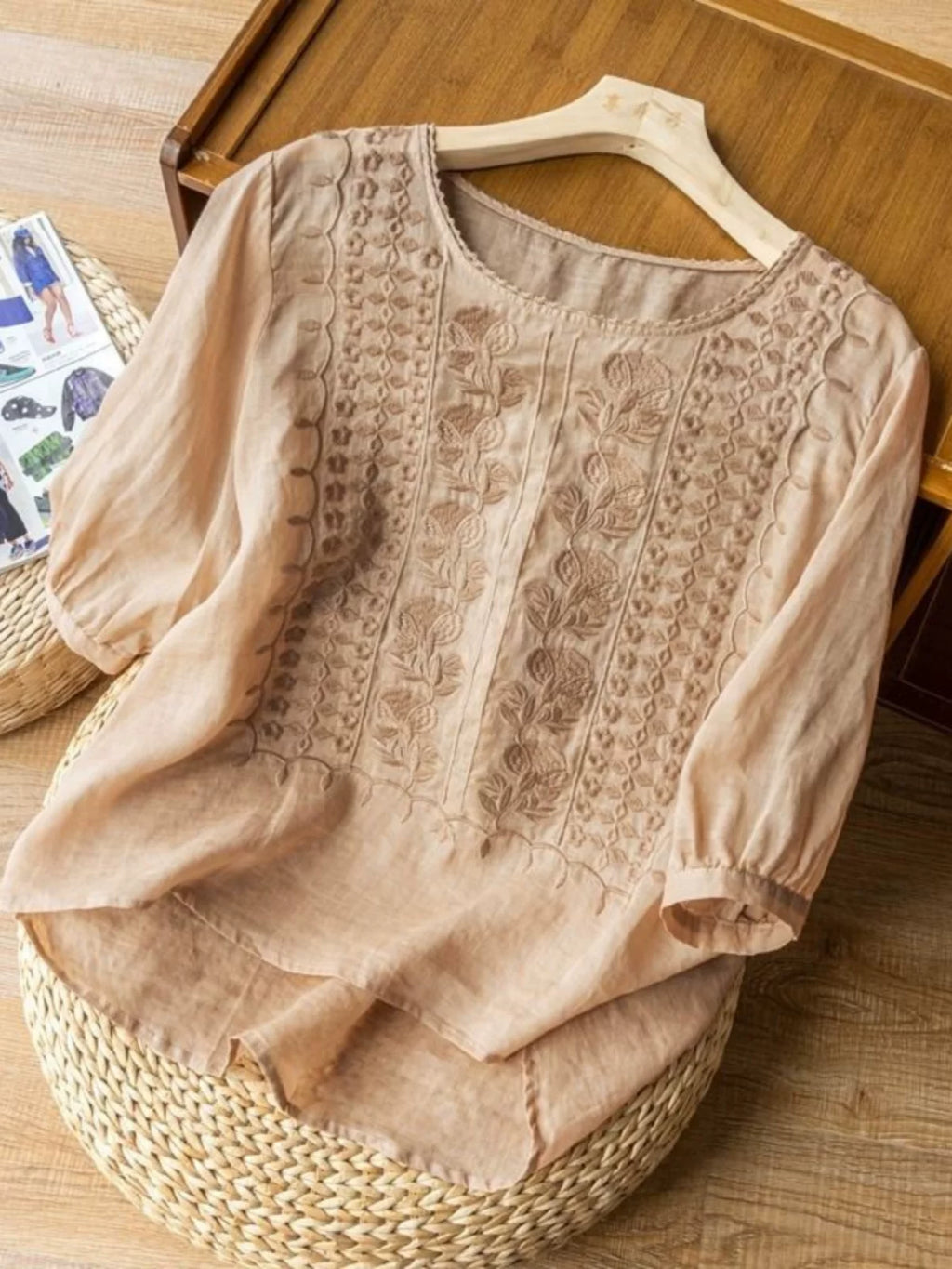 Embroidered Relaxed Top with Elbow-Length Sleeves