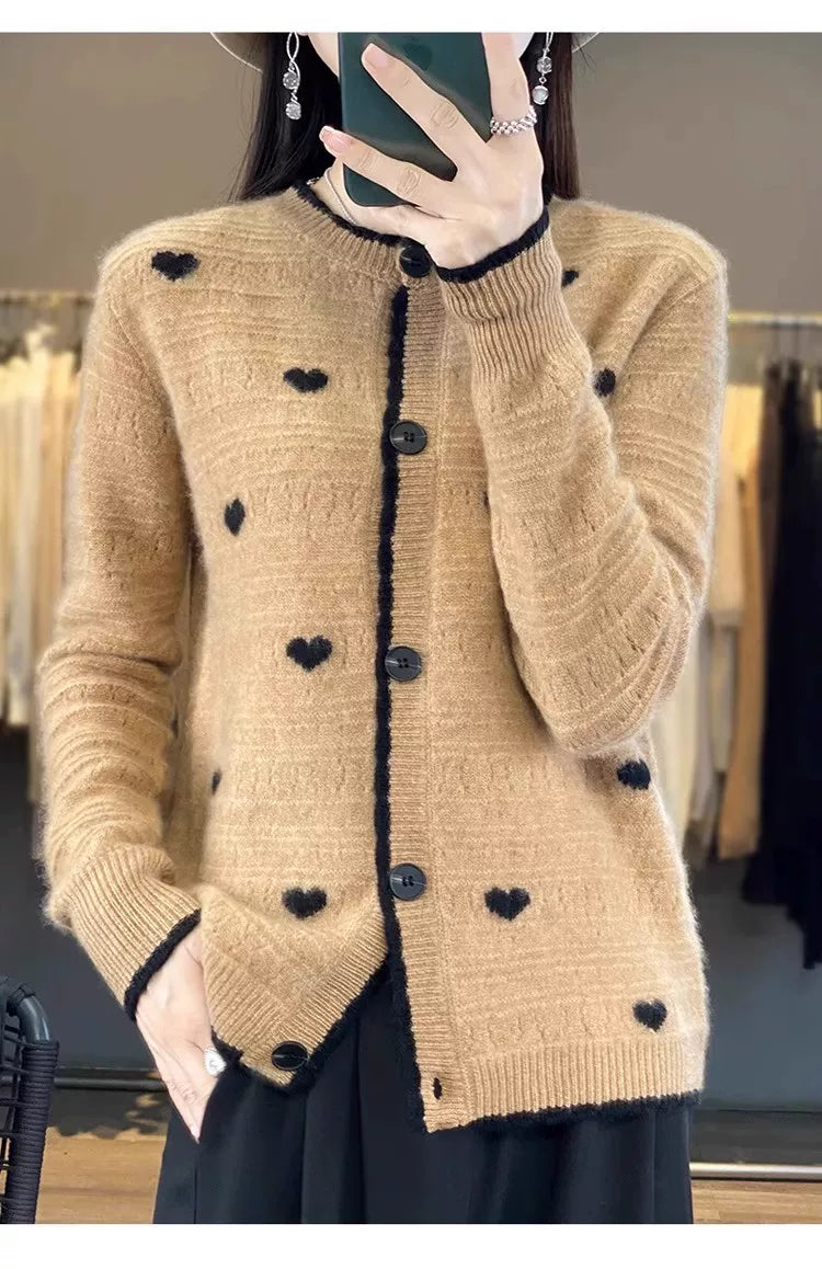 Heart-Motif Wool-Like Knit Cardigan, Relaxed Hip-Length