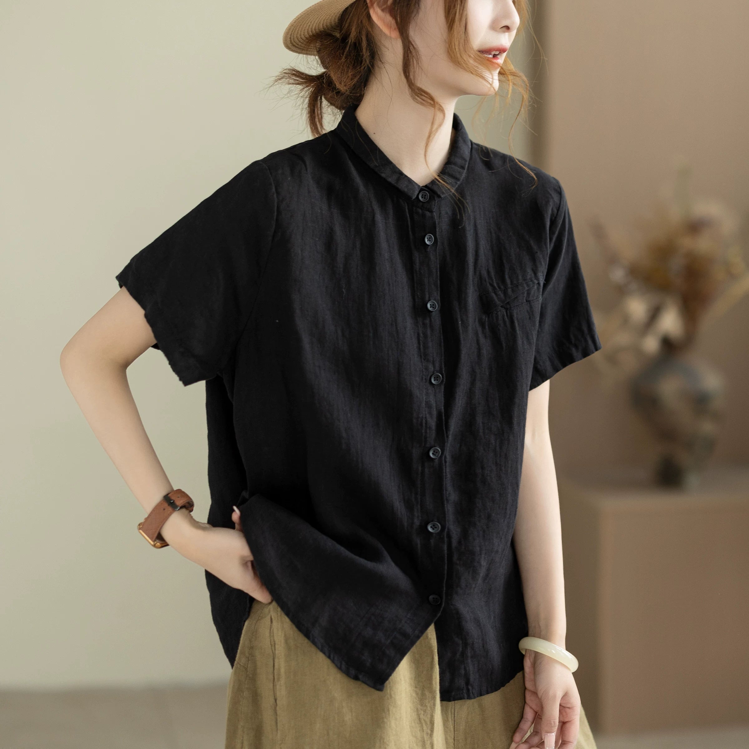 100% Linen Button-Front Top with Small Stand Collar