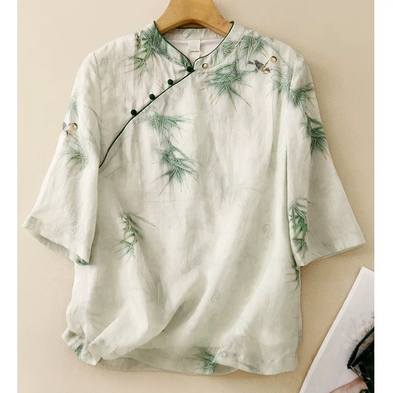 Cotton Linen Half Sleeve Shirt with Bamboo Bird Print