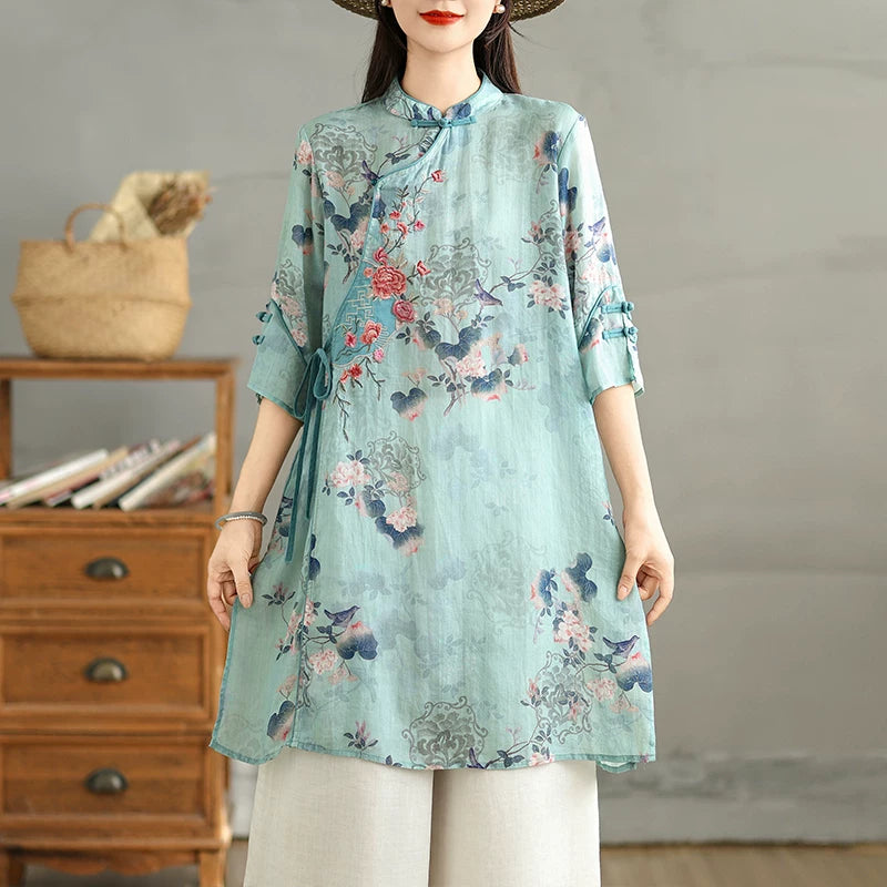 Relaxed Floral Tunic with Embroidered Panel & Tie Detail