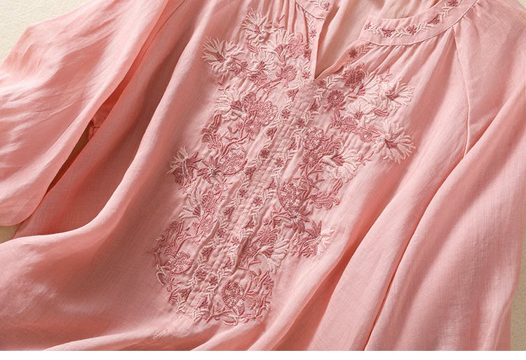 Embroidered Three Quarter Sleeve Blouse, Cotton Linen