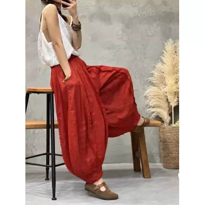 Balloon-Leg Pants in Linen-Look Textured Fabric