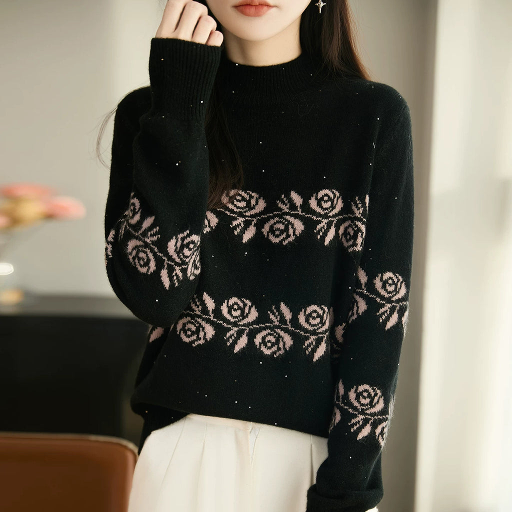 Floral Jacquard Knit Sweater, High-Neck Pullover in Black