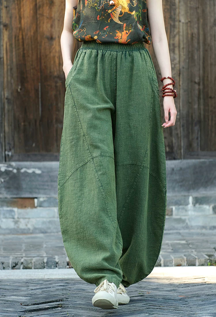 Balloon-Leg Cotton-Linen Pants with Elastic Waist