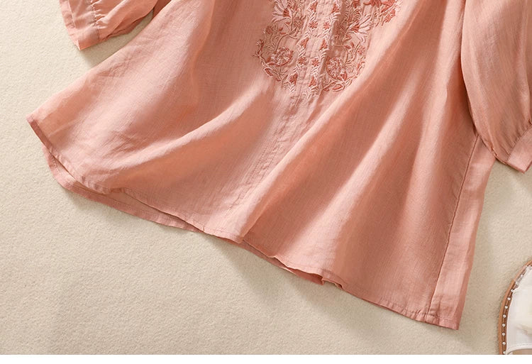 Embroidered Three Quarter Sleeve Blouse, Cotton Linen
