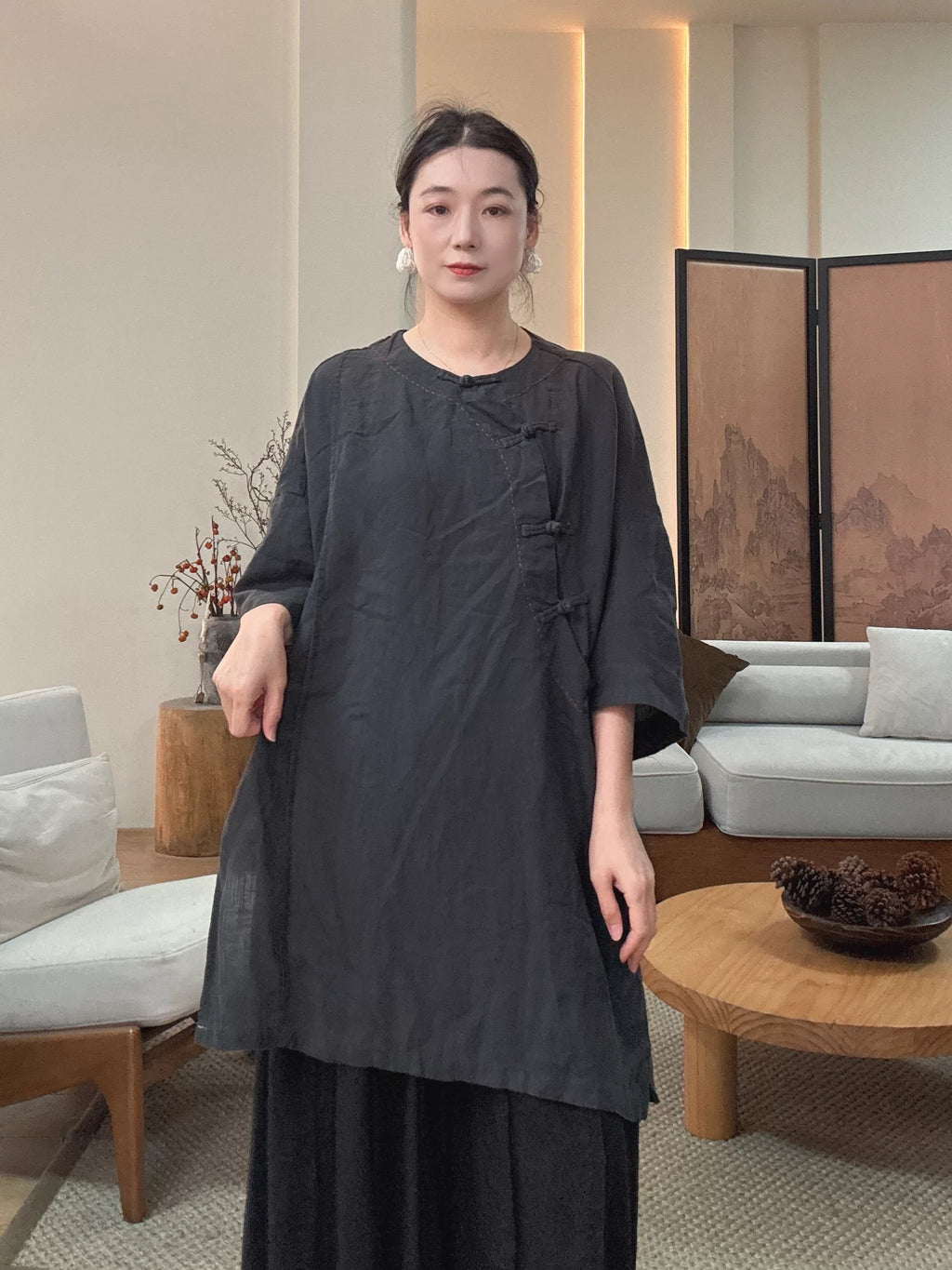 Relaxed Linen Tunic Dress with Frog Buttons