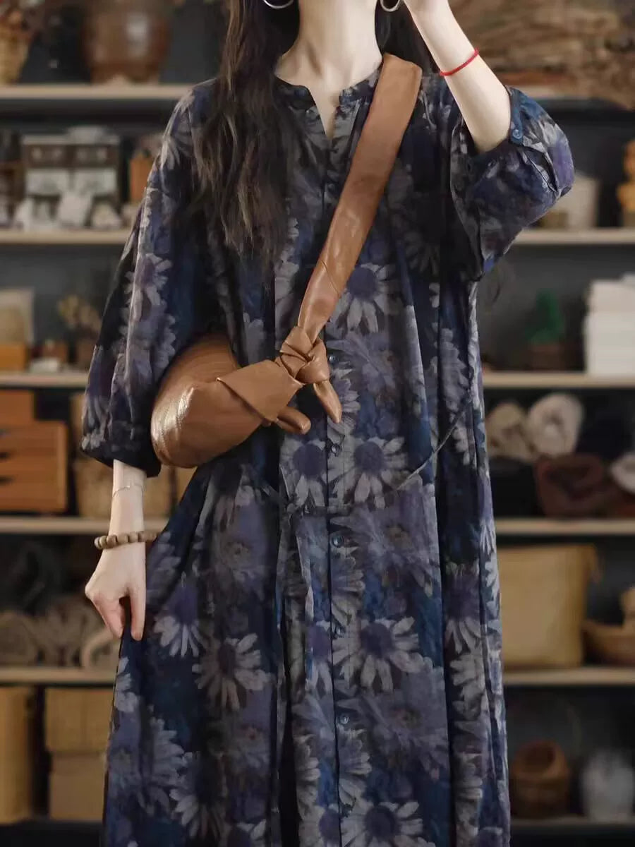 Vintage Print Linen Blouse Dress with Tie Waist