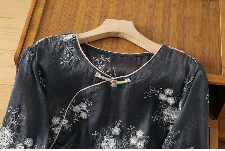 Embroidered Cotton Linen Three Quarter Sleeve Shirt