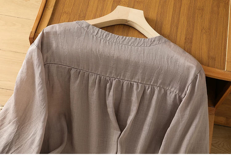 Cotton Linen V-Neck Long Sleeve Shirt with Lantern Sleeves
