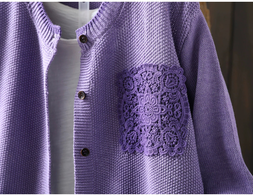 Waffle-Textured Knit Cardigan with Lace Pocket