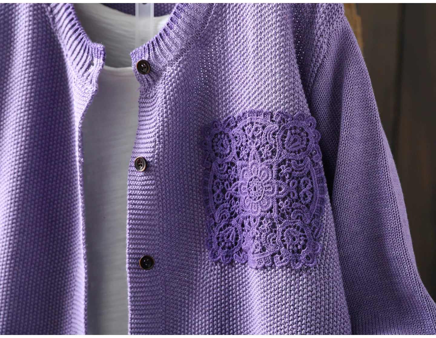 Waffle-Textured Knit Cardigan with Lace Pocket