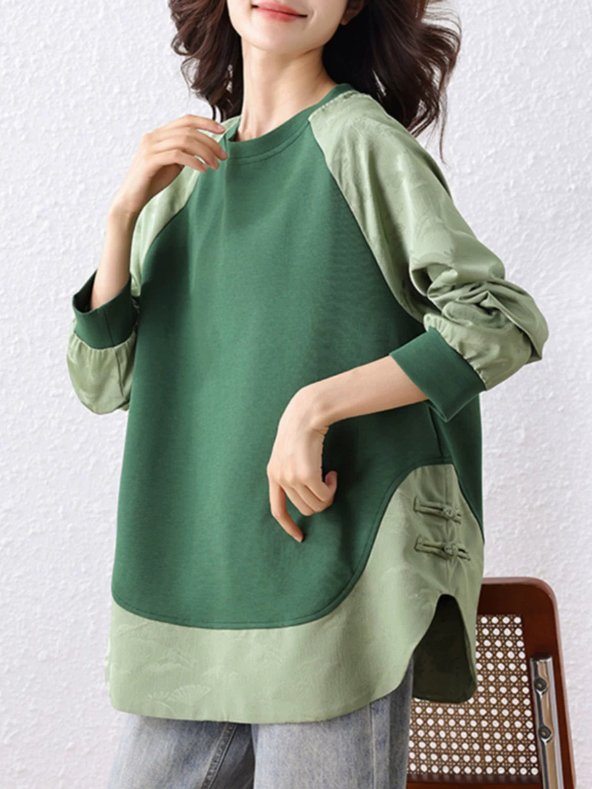 Contrast Raglan Woven Top with Knot Detail