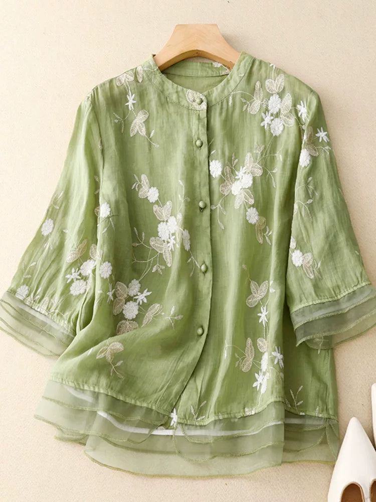 Embroidered Three Quarter Sleeve Shirt, Cotton Linen