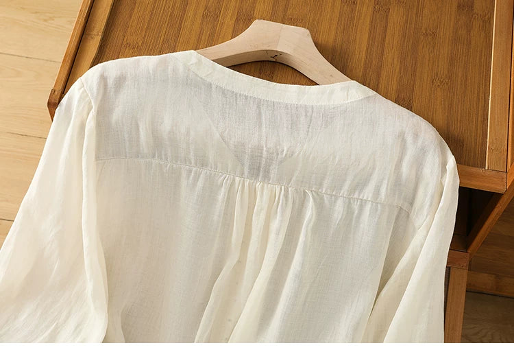 Cotton Linen V-Neck Long Sleeve Shirt with Lantern Sleeves