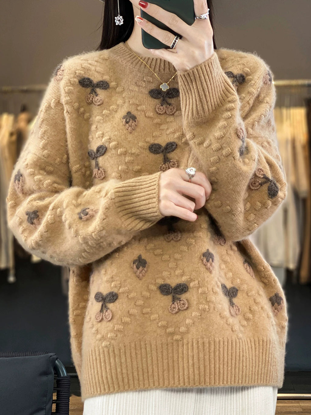 Cherry Motif Knit Sweater - Relaxed Pullover