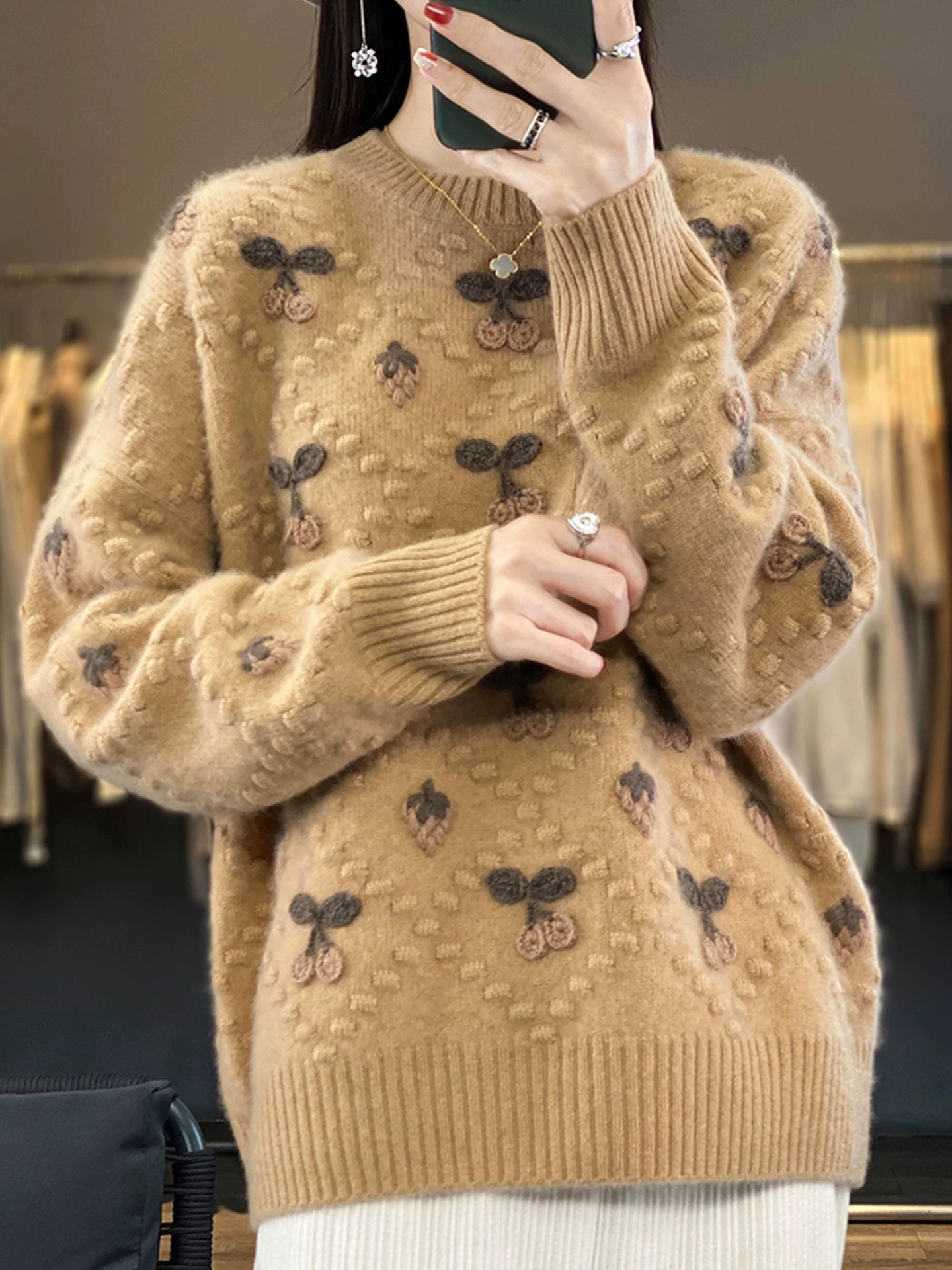Cherry Motif Knit Sweater - Relaxed Pullover