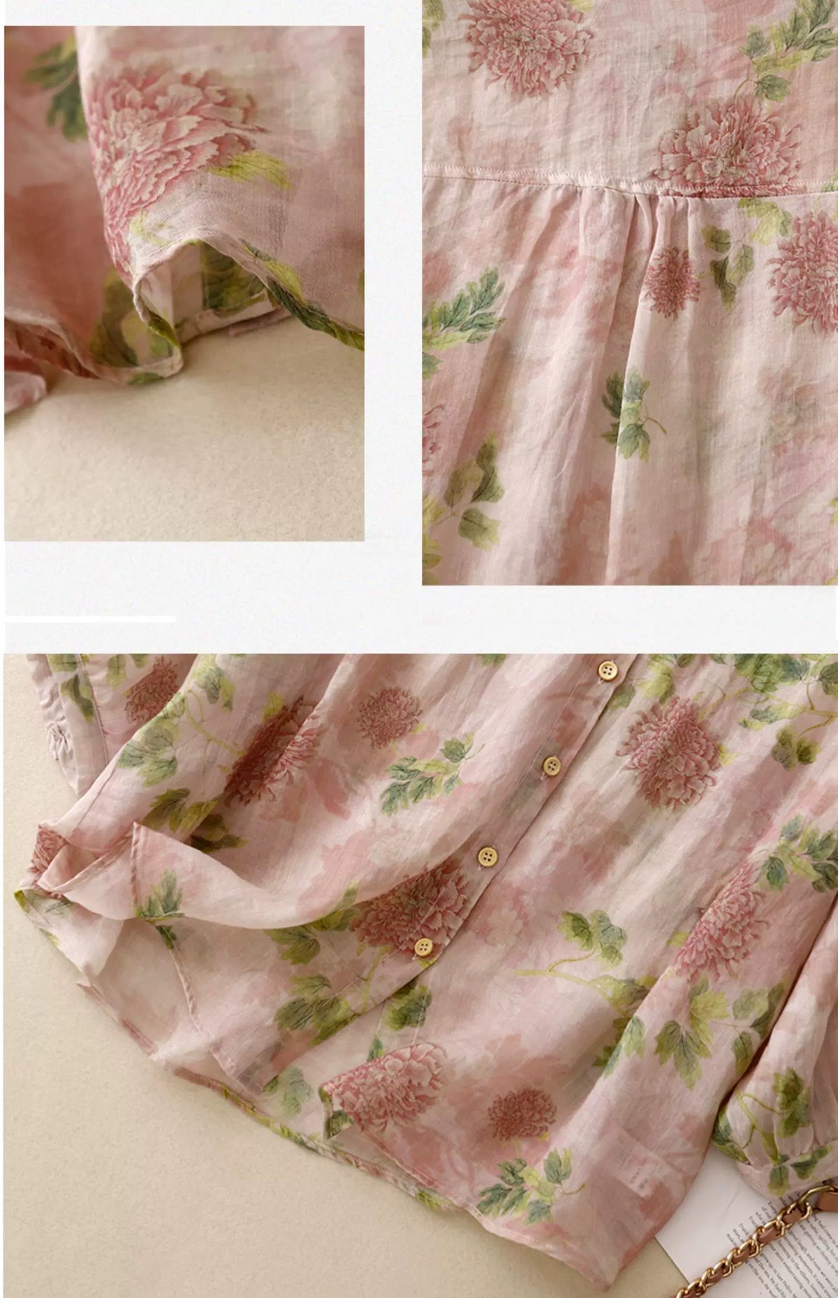 Floral Print Cotton Linen Three Quarter Sleeve Shirt