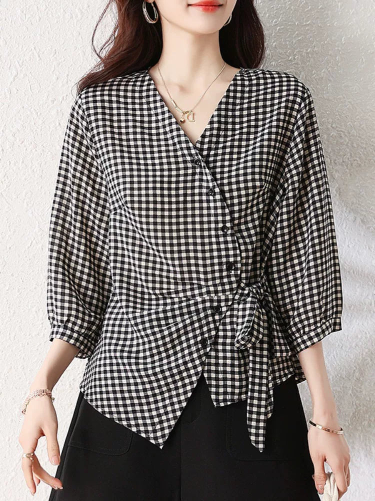 Gingham Wrap Blouse with Self-Tie Knot