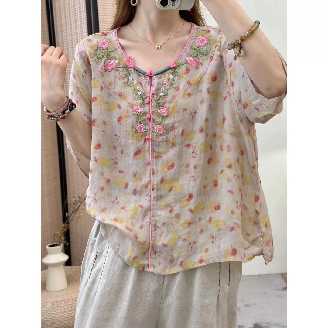 Embroidered Floral Print Half Sleeve Shirt
