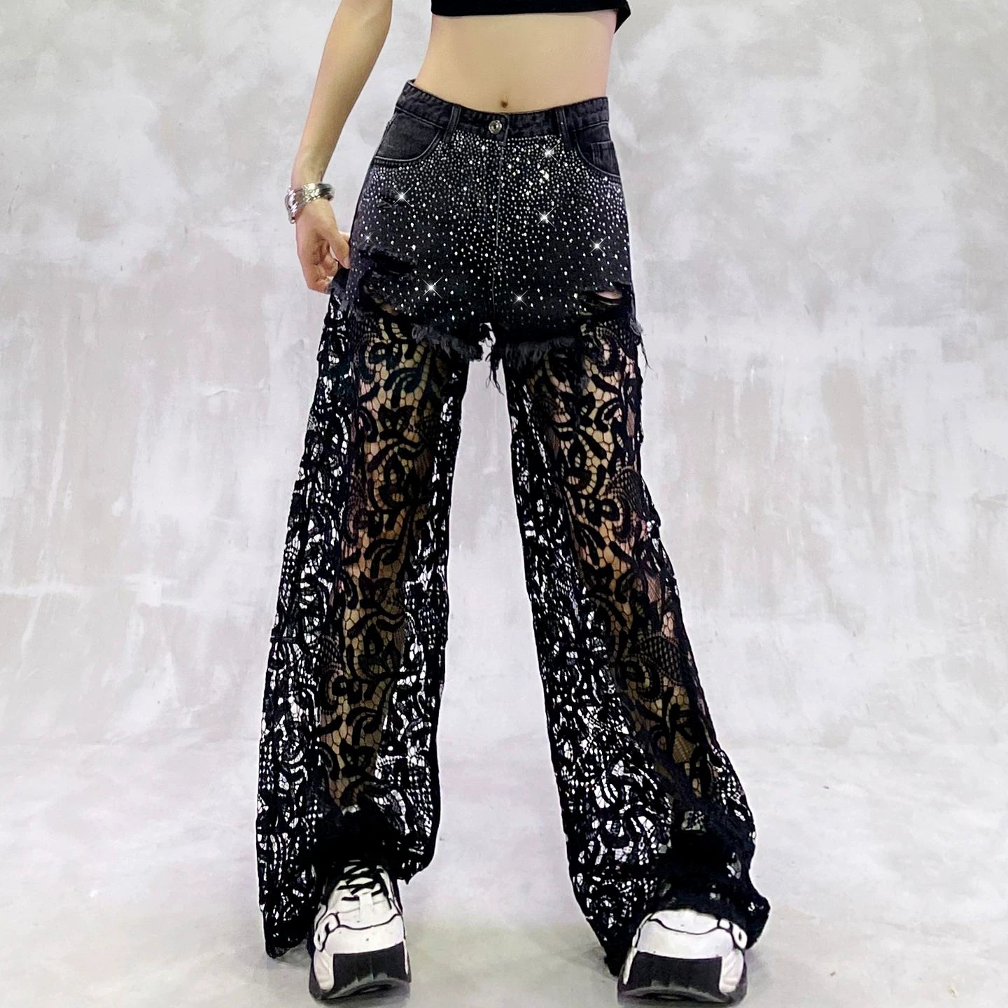 Lace-Embellished High-Waisted Wide-Leg Jeans