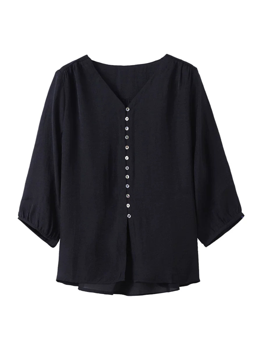 Black Button-Front Top with V-Neck and Mid-Length Sleeves