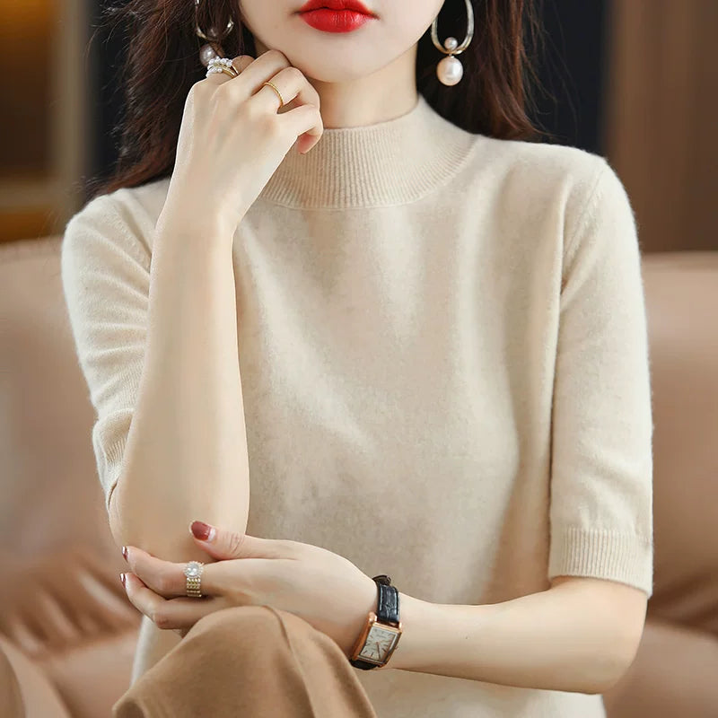 Relaxed Knit Top with Small Stand Collar & Elbow Sleeves