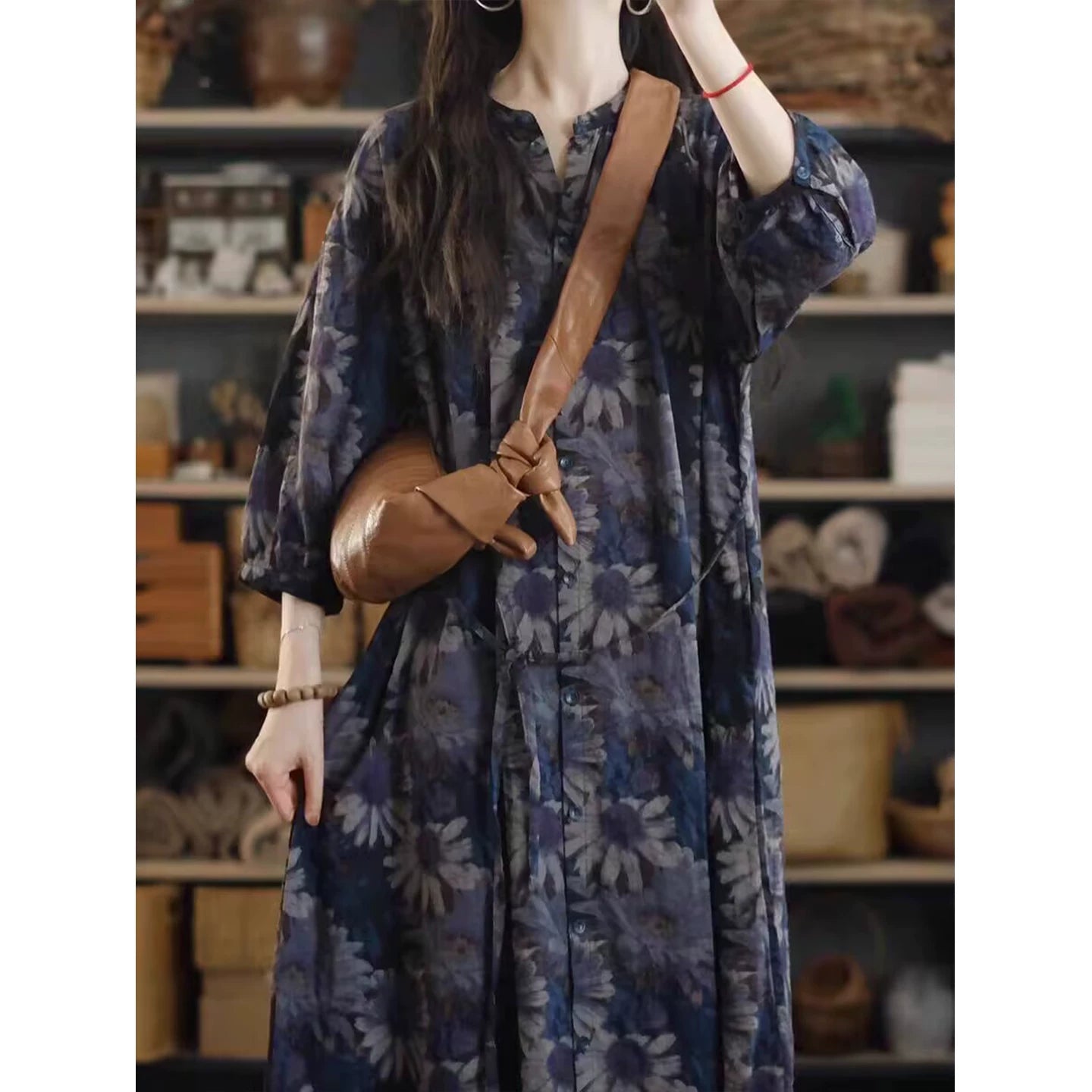 Vintage Print Linen Blouse Dress with Tie Waist