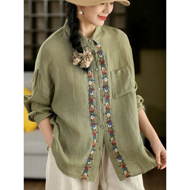100% Linen Button-Front Top with Floral Embroidery