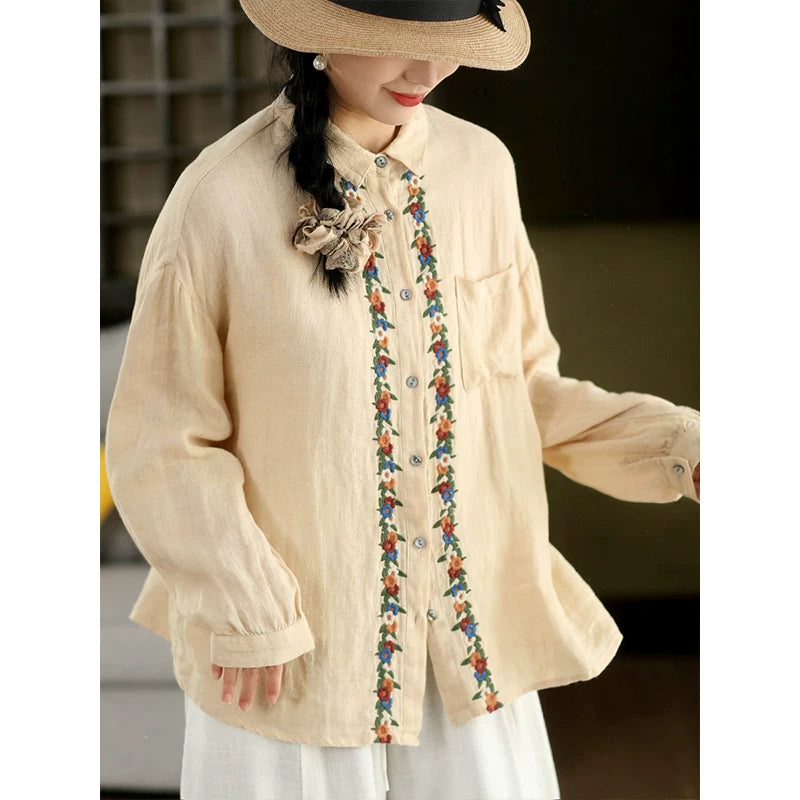 100% Linen Button-Front Top with Floral Embroidery